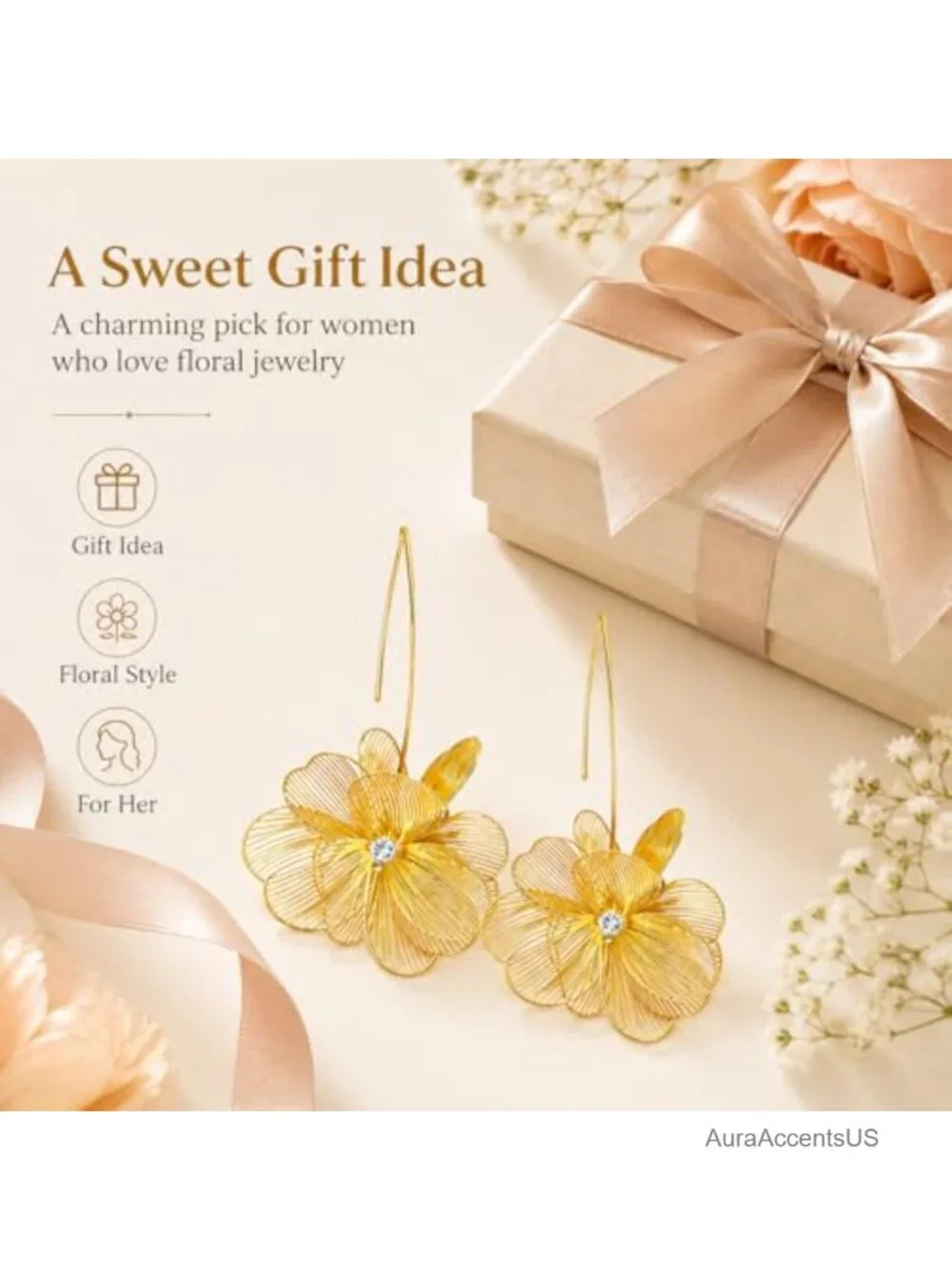 Gold Flower Dangle Earrings Women Floral Statement Jewelry Lightweight